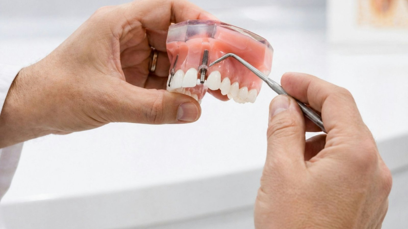 Dentist showing a dental implant on a full-arch denture model
