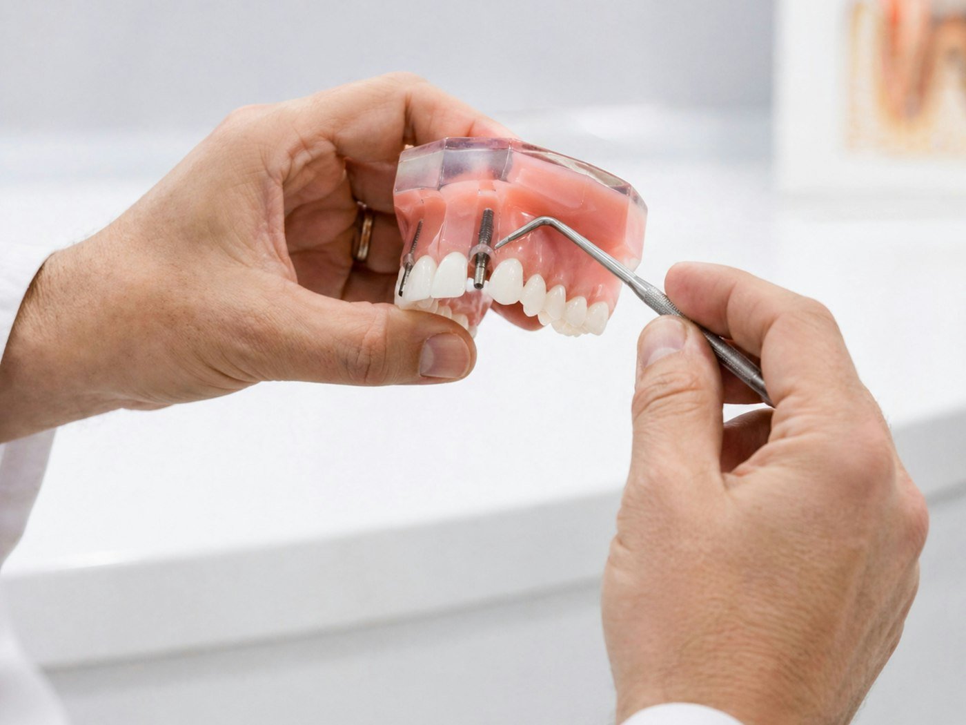 Dentist showing a dental implant on a full-arch denture model